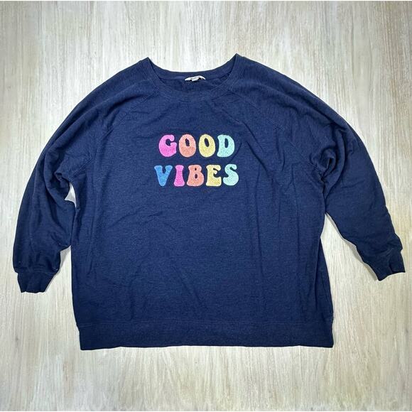 Wild Fox Navy Good Vibes Rainbow Letters Oversized Crew Pullover Sweatshirt XXL - Picture 1 of 15